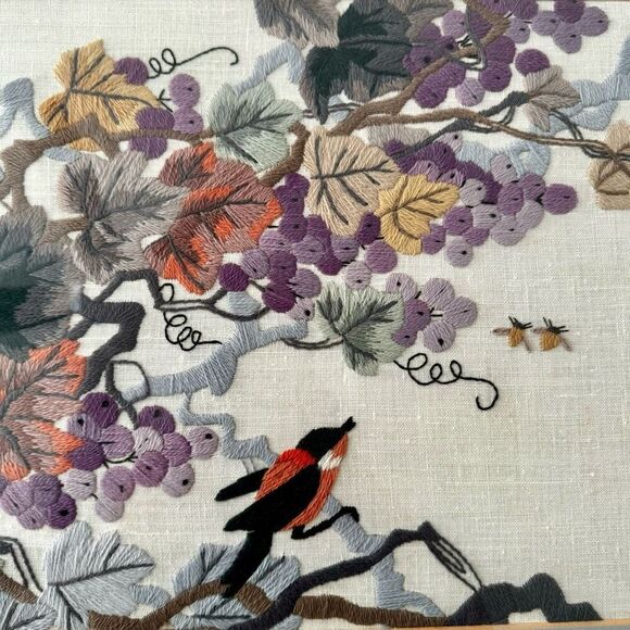 Vintage Grapes And Bird Framed Crewel - Picture 5 of 11